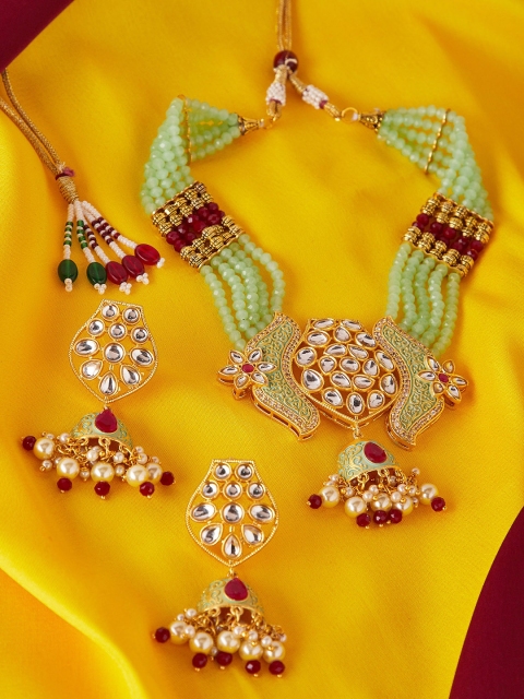 

GloBox By ZeroKaata Gold Plated Green & Red Artificial Stone & Kundan Studded Beaded Handcrafted Jewellery Set