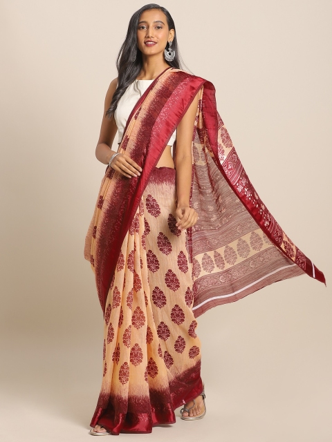 

KALINI Peach-Coloured & Maroon Linen Blend Printed Saree