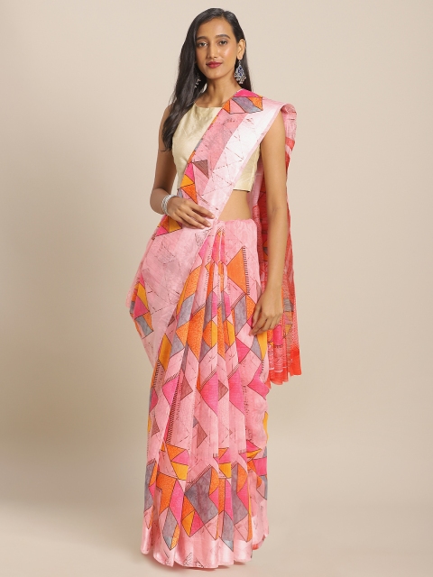 

KALINI Pink Geometric Printed Linen Blend Saree