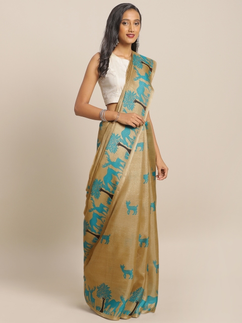 

KALINI Beige & Turquoise Blue Cotton Blend Printed Khadi Saree