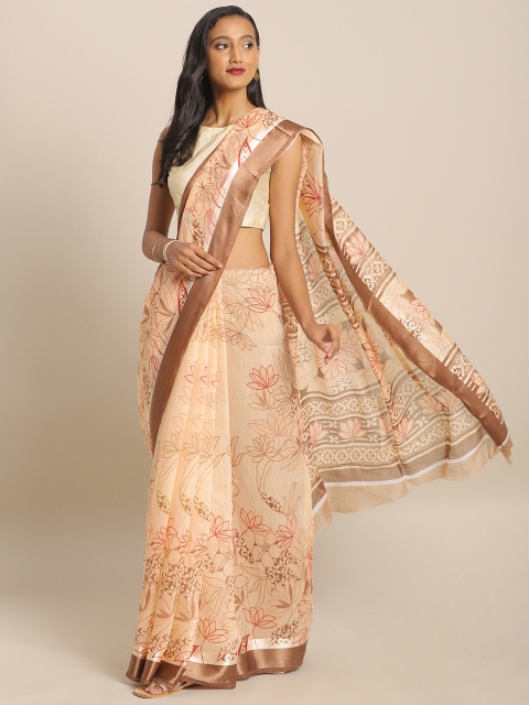 

KALINI Peach-Coloured & Brown Linen Blend Floral Printed Saree
