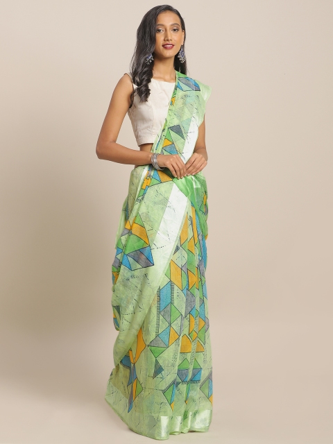 

KALINI Green & Blue Linen Blend Geometric Printed Saree