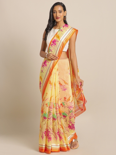 

KALINI Yellow & Pink Linen Blend Floral Printed Saree