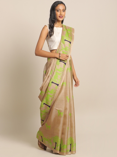 

KALINI Beige & Green Cotton Blend Printed Saree