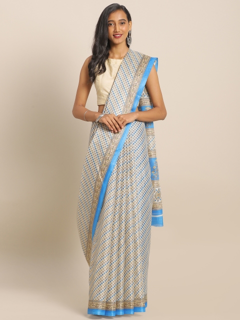 

KALINI Blue & Beige Cotton Blend Printed Khadi Saree