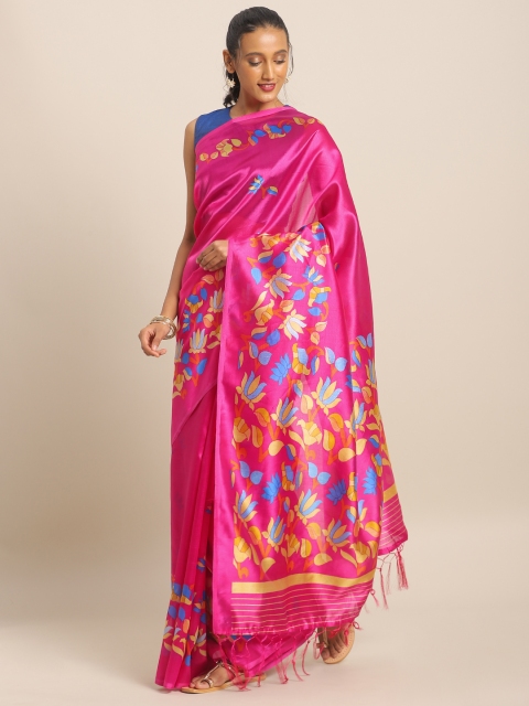 

KALINI Pink & Blue Art Silk Floral Printed Saree