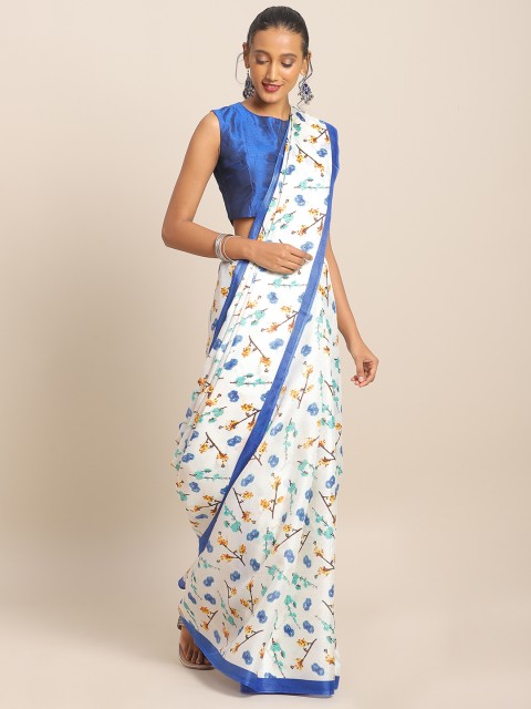 

KALINI White & Blue Cotton Blend Printed Khadi Saree