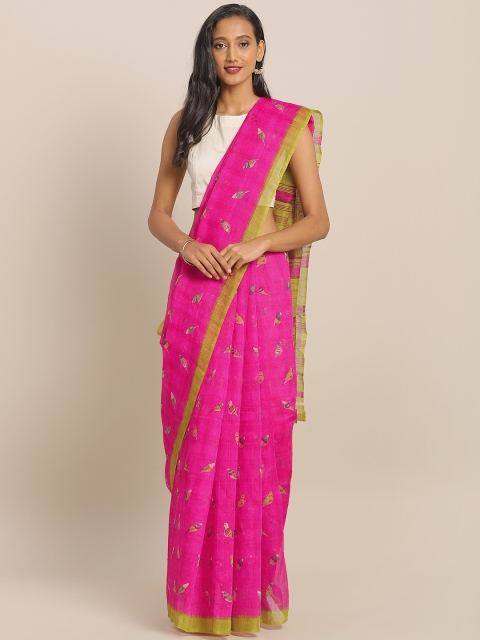 

KALINI Pink & Yellow Jute Cotton Printed Saree