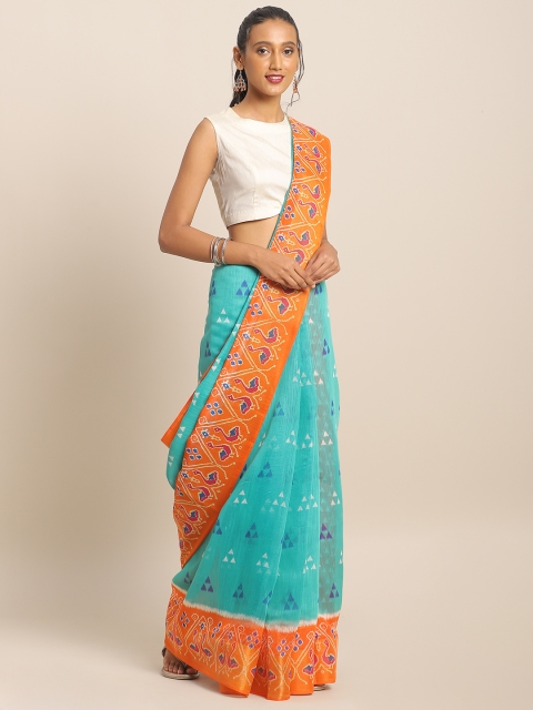 

KALINI Sea Green & Orange Linen Blend Printed Saree