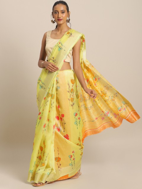 

KALINI Yellow & Orange Linen Blend Floral Printed Saree