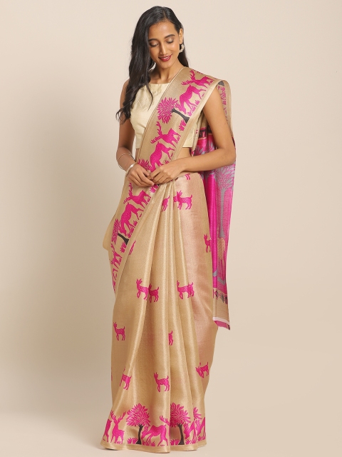 

KALINI Beige & Pink Cotton Blend Printed Khadi Saree