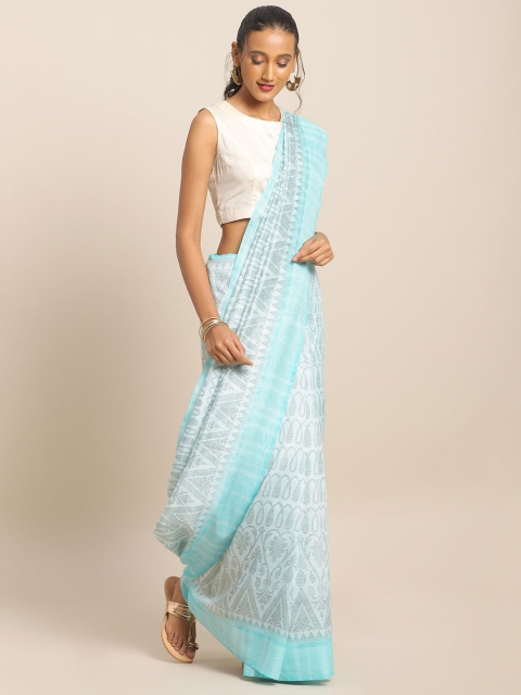 

KALINI Turquoise Blue & White Linen Blend Printed Saree