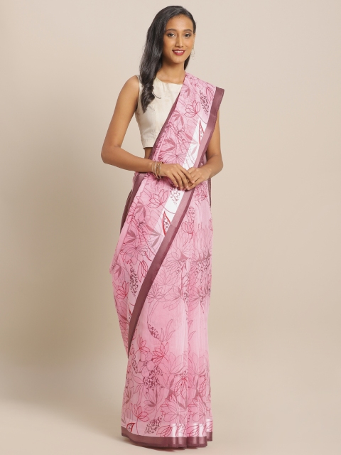 

KALINI Pink & Maroon Linen Blend Floral Printed Saree