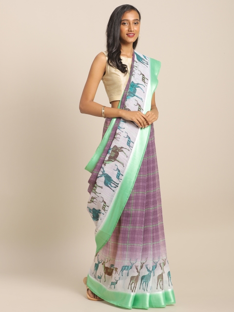 

KALINI Purple & Green Linen Blend Checked Saree