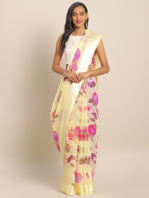 

KALINI Off-White Printed Linen Blend Saree, Yellow