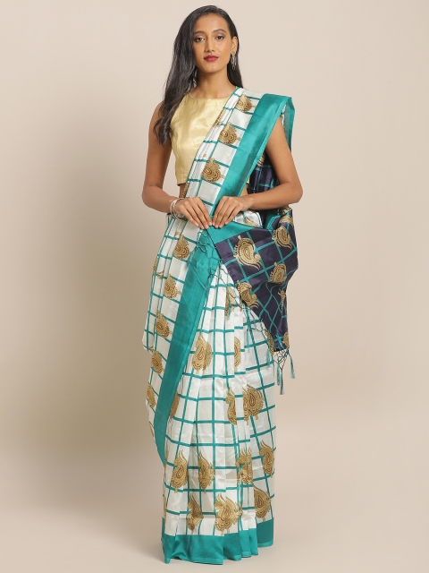 

KALINI White & Turquoise Blue Art Silk Checked Saree