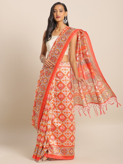 

KALINI Coral Orange & White Art Silk Printed Saree