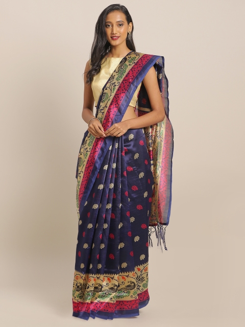 

KALINI Navy Blue & Beige Art Silk Printed Saree