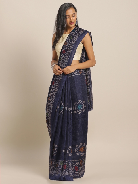 

KALINI Navy Blue Ethnic Printed Jute Cotton Saree