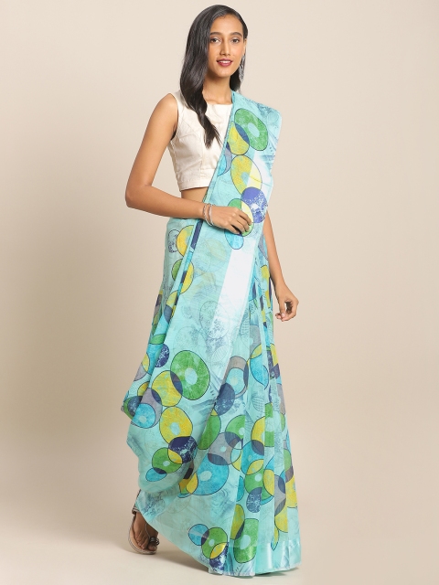 

KALINI Blue & Green Linen Blend Printed Saree
