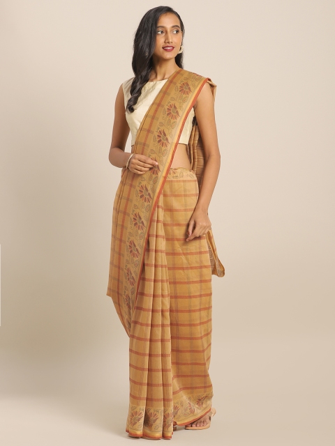 

KALINI Brown & Green Pure Cotton Checked Saree