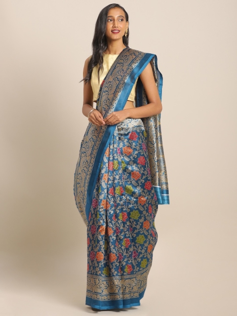 

KALINI Turquoise Blue & Gold-Toned Art Silk Printed Saree