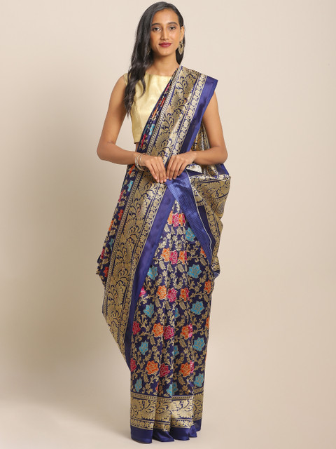 

KALINI Navy Blue & Gold-Toned Art Silk Woven Design Saree