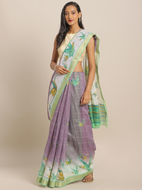 

KALINI Lavender & Green Linen Blend Checked Saree