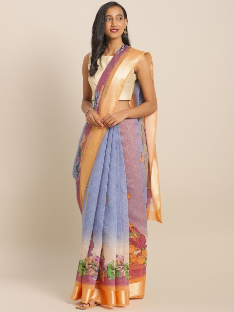 

KALINI Blue & Orange Linen Blend Printed Saree