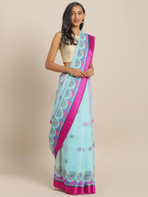 

KALINI Blue Printed Linen Blend Saree