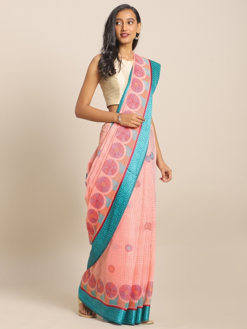 

KALINI Pink & Blue Linen Blend Printed Saree