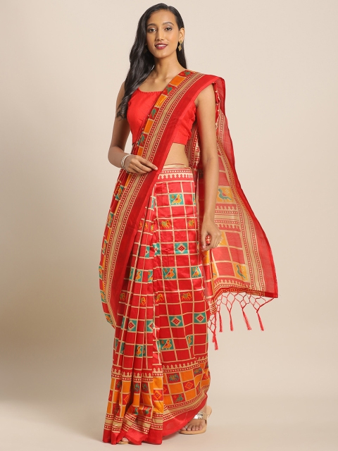 

KALINI Red & Beige Art Silk Checked Saree