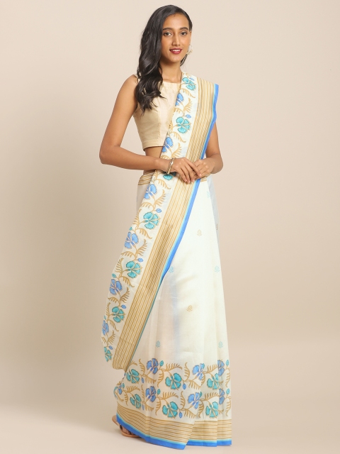 

KALINI White & Blue Cotton Blend Printed Khadi Saree