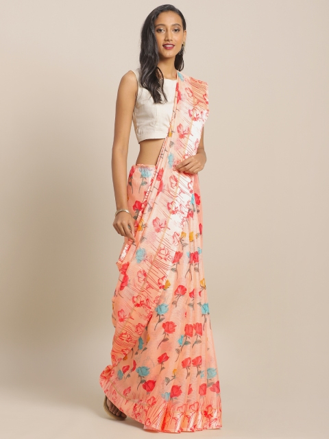 

KALINI Orange & Blue Linen Blend Printed Saree
