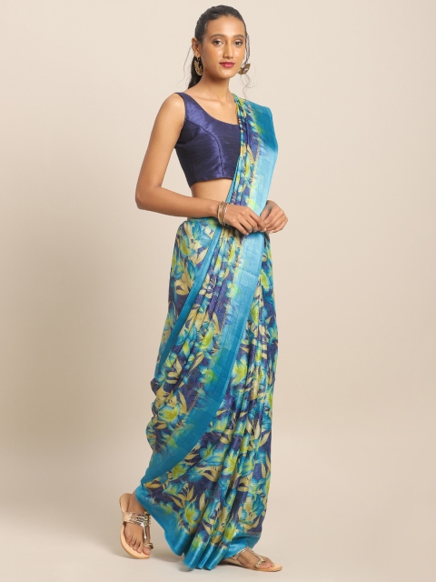 

KALINI Blue & Green Linen Blend Floral Printed Saree