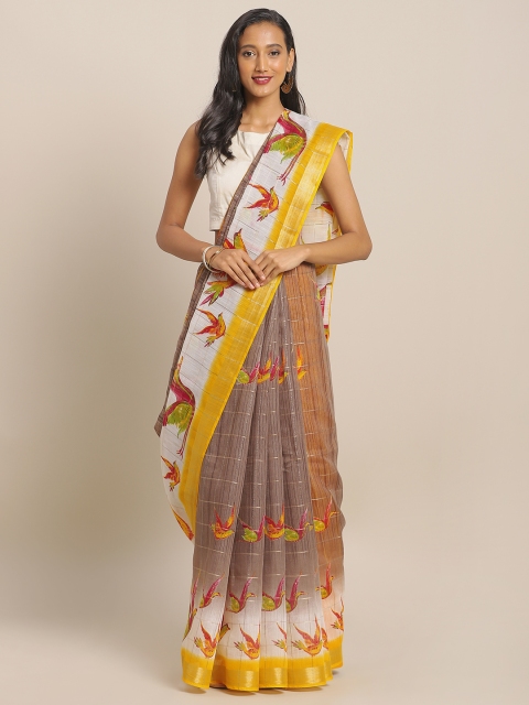 

KALINI Brown & Yellow Linen Blend Checked Saree