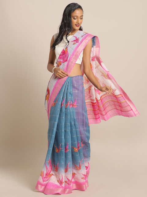 

KALINI Blue Checked Linen Blend Saree