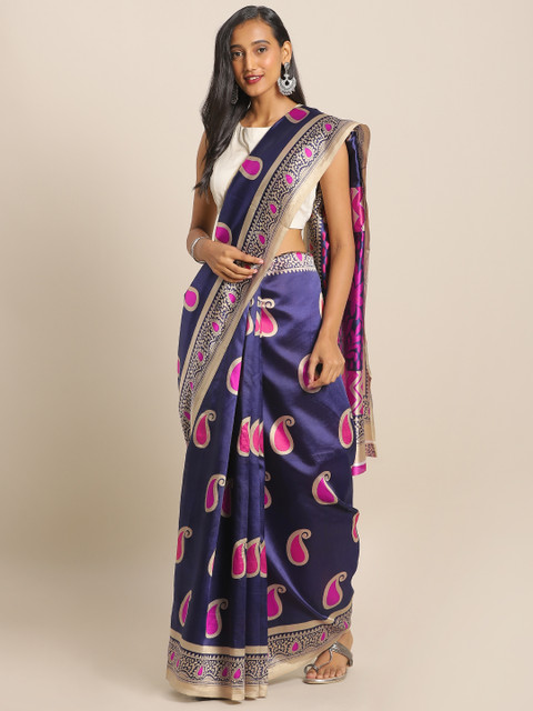 

KALINI Navy Blue & Pink Art Silk Paisley Printed Saree