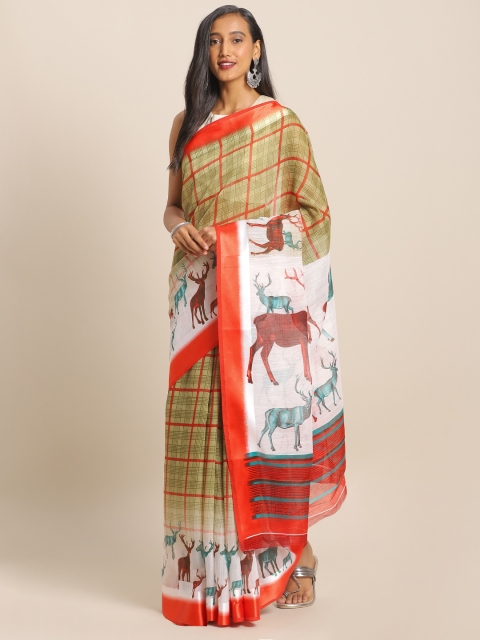 

KALINI Olive Green & Red Linen Blend Checked & Printed Saree