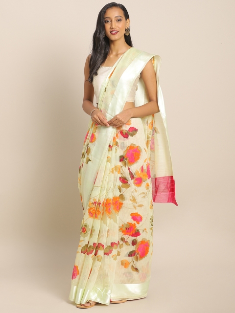 

KALINI Cream-Coloured & Orange Linen Blend Printed Saree