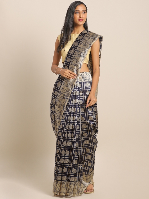 

KALINI Navy Blue & Beige Art Silk Checked Printed Saree