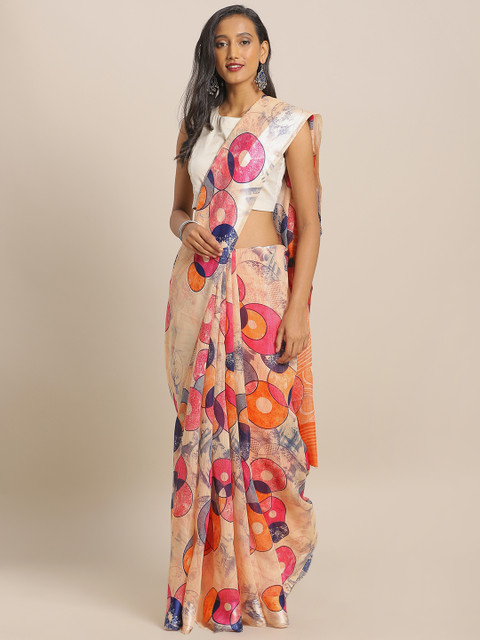 

KALINI Peach-Coloured & Orange Printed Linen Blend Saree