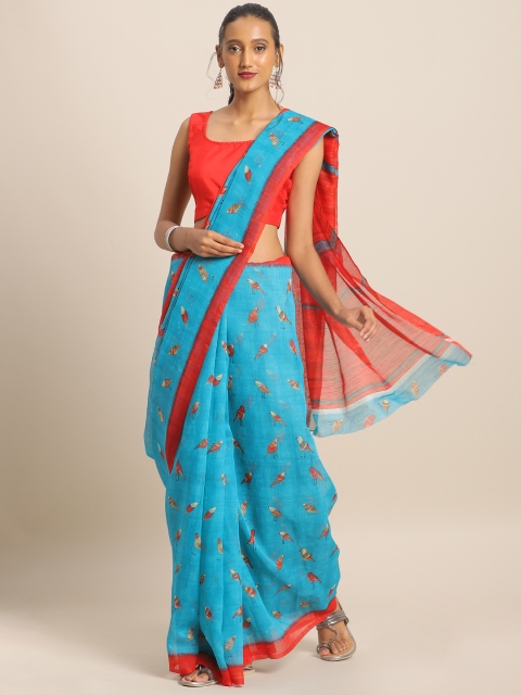 

KALINI Blue & Red Jute Cotton Printed Saree