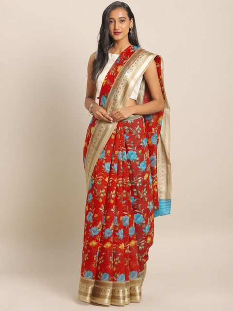 

KALINI Red & Beige Linen Blend Printed Saree