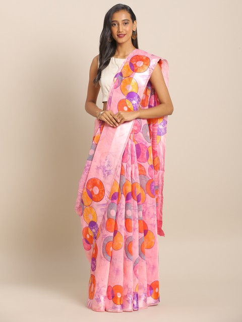 

KALINI Pink & Orange Linen Blend Geometric Printed Saree