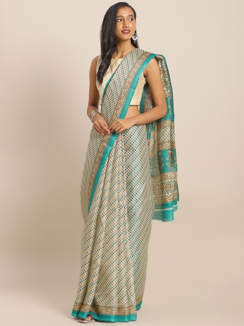 

KALINI Sea Green & Off-White Cotton Blend Printed Khadi Saree
