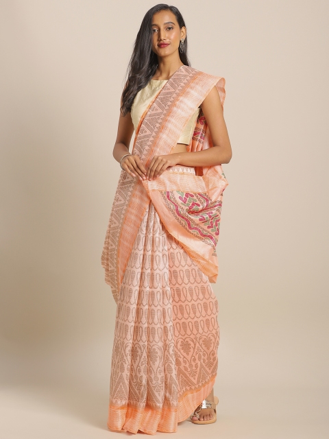 

KALINI Peach-Coloured & Grey Linen Blend Printed Saree