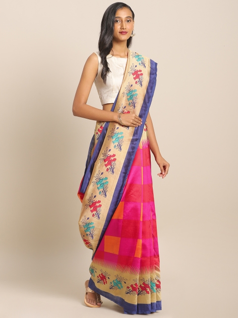 

KALINI Navy Blue & Pink Art Silk Checked Saree