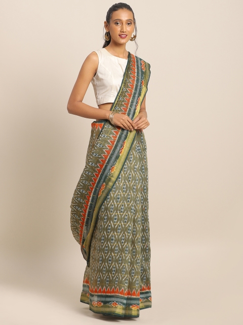 

KALINI Olive Green & White Linen Blend Printed Saree