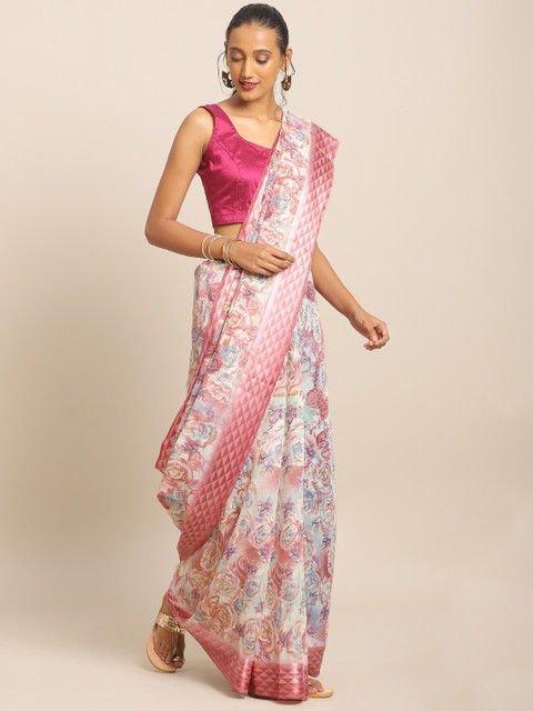 

KALINI Pink & White Linen Blend Printed Saree